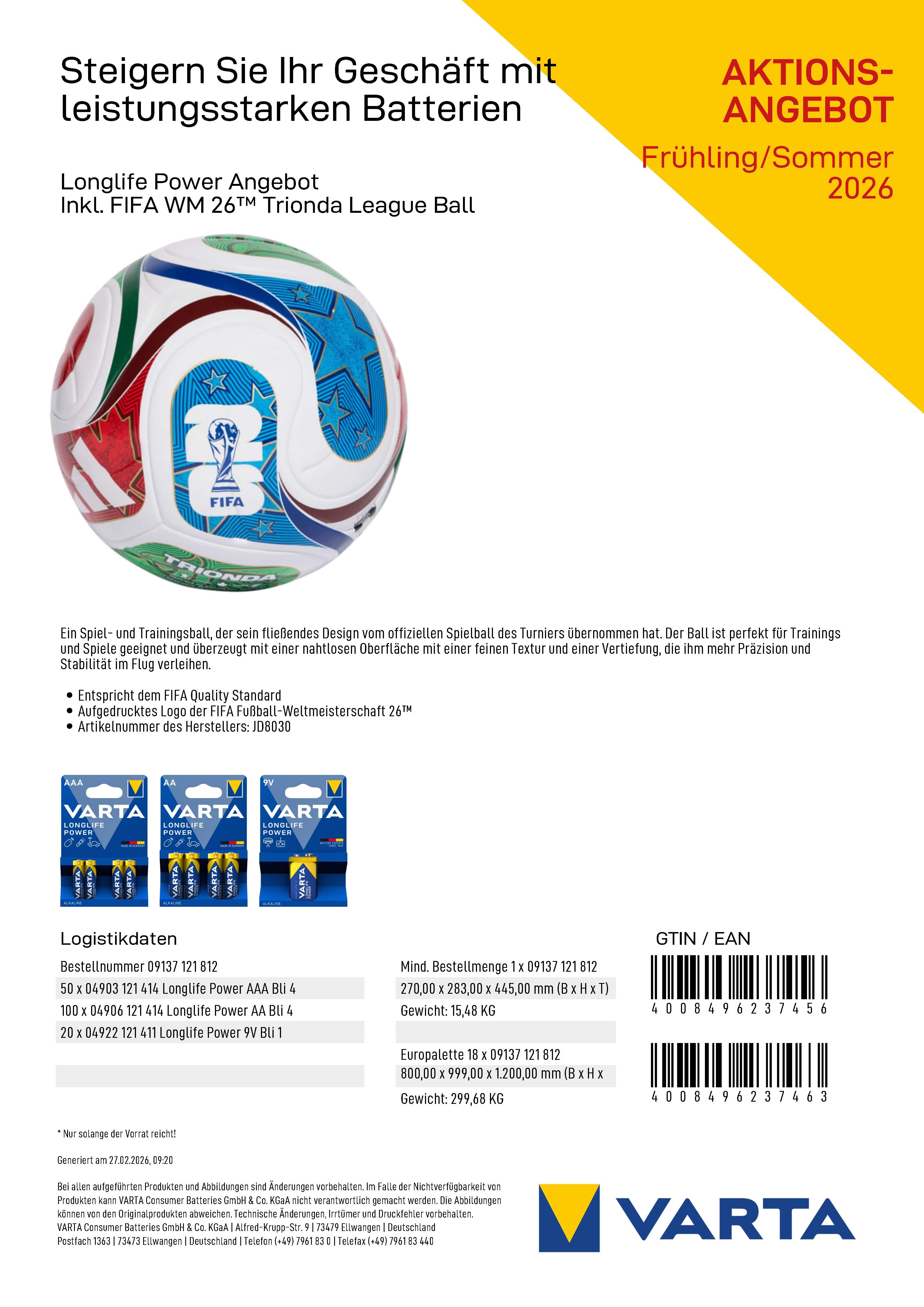 VARTA Primärbatterien-Sales Drive Paket + adidas WM-Ball