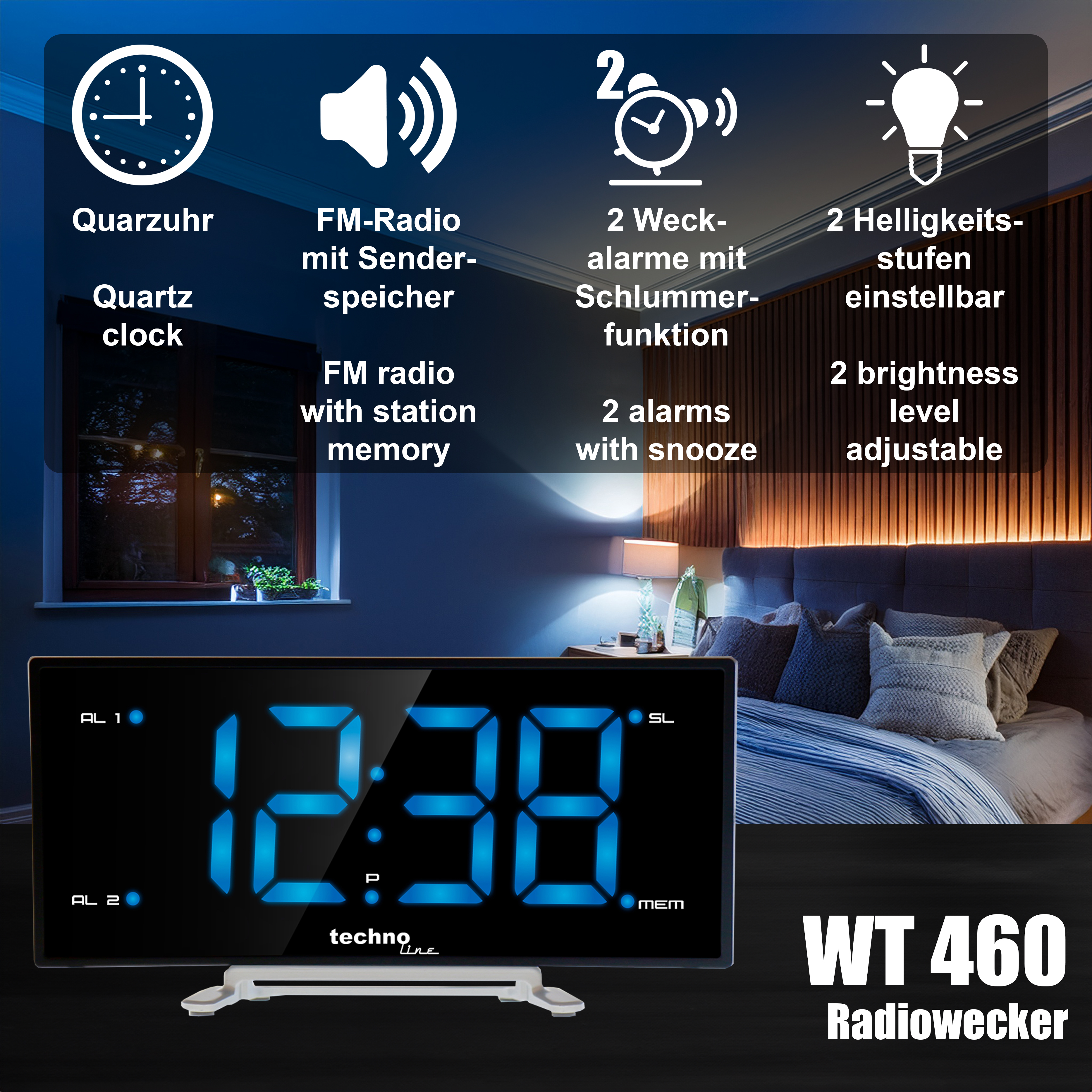 WT 460 technoline LED Quarzuhr mit Radio-Wecker