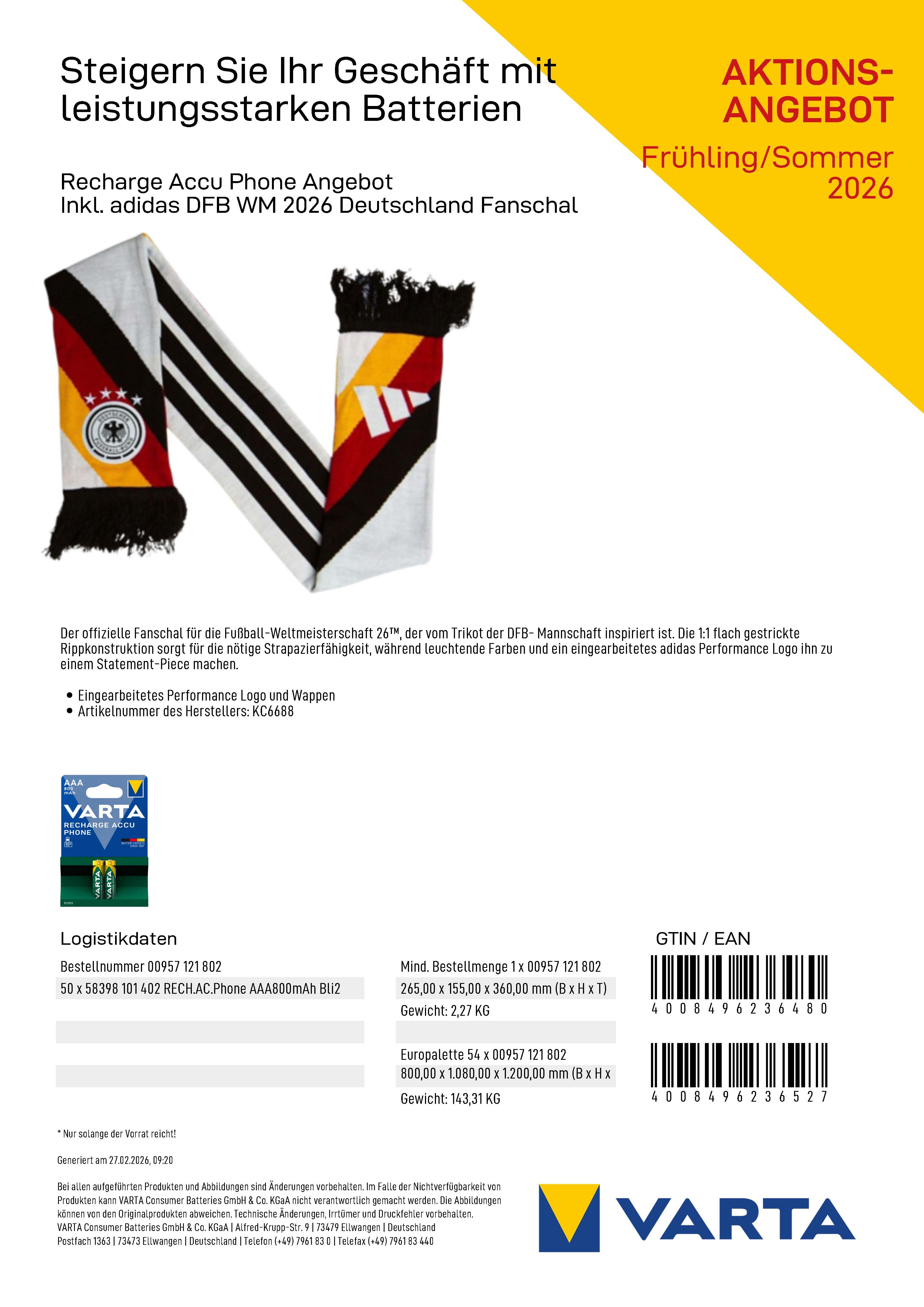 VARTA Phone Akku-Sales Drive Paket + adidas Fanschal